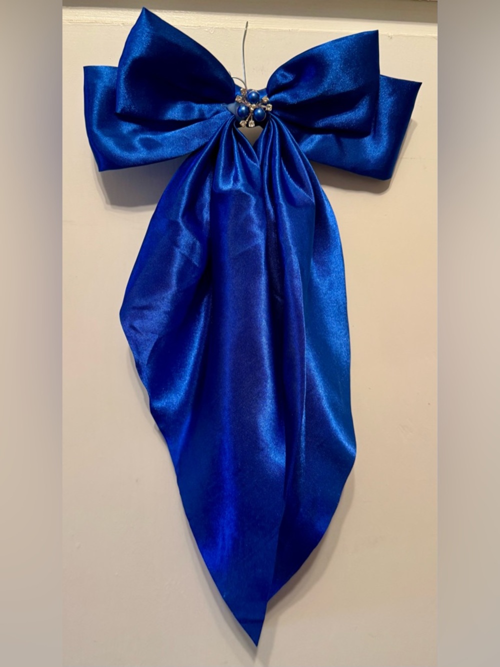 Satin Bow with Long Tails and Faux Pearl Center Royal Blue